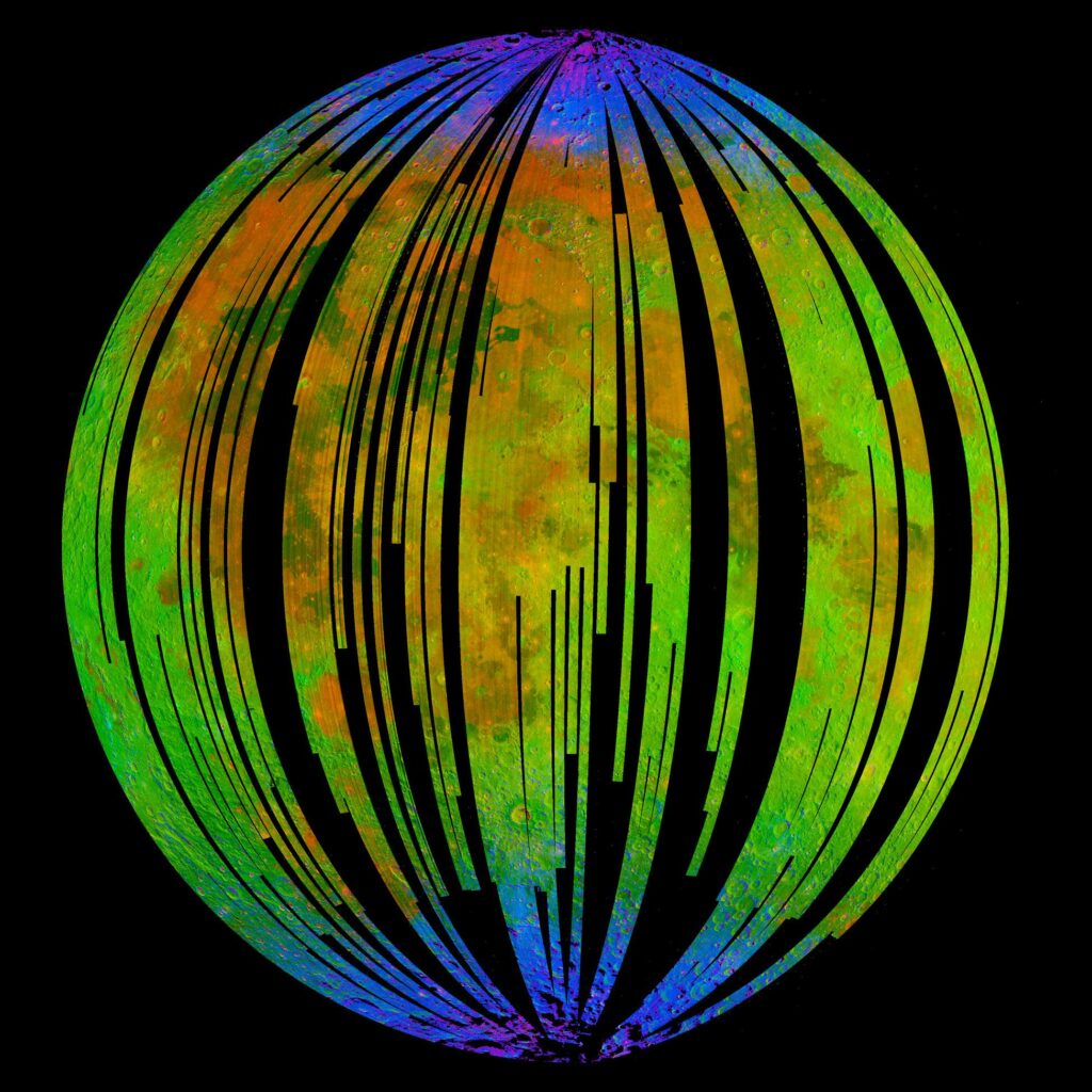 A mineral map of strips of Moon indicating ice near poles.