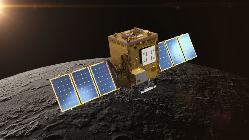 Cubical spacecraft with solar panels orbiting above Moon